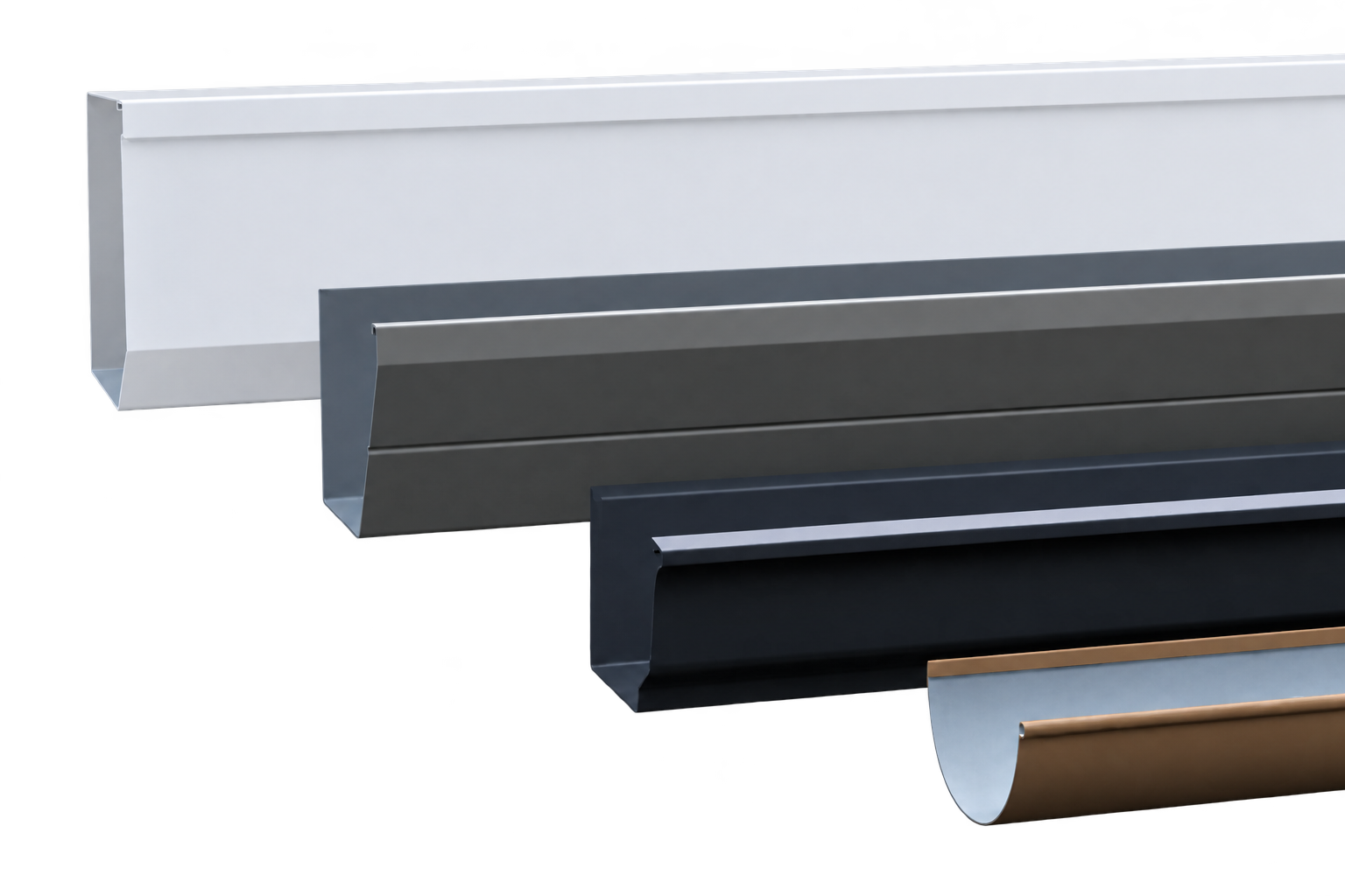 Illustration of gutter protection profiles in multiple colors and shapes